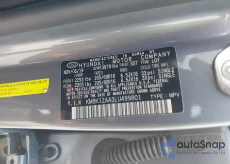 2020 Hyundai Kona Se z USA, uszkodzony, nr VIN KM8K12AA3LU499801